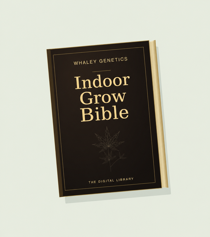 Whaley Genetics Indoor Grow Bible — dark leather cover with gold title and botanical illustration
